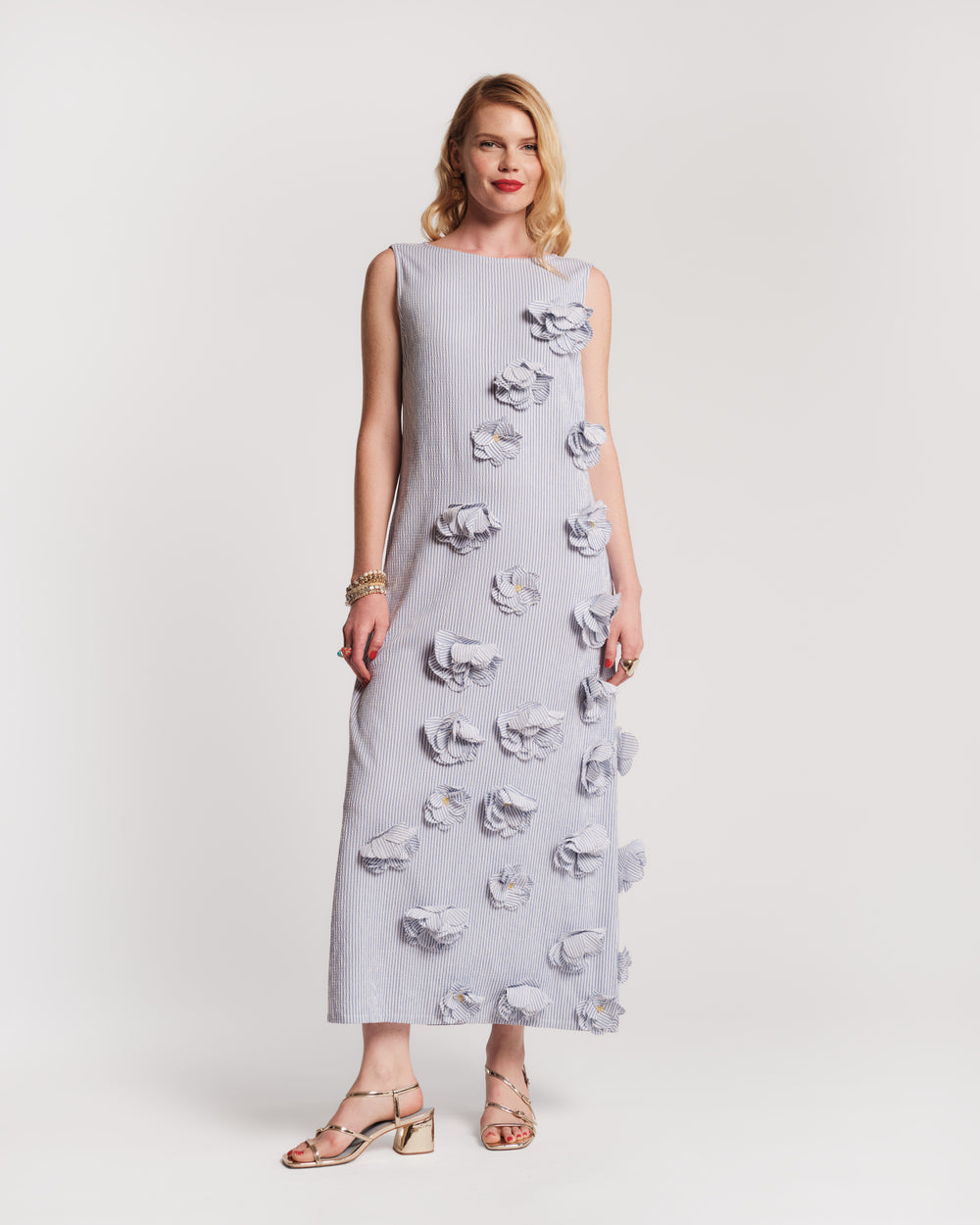 Origami Dress Seersucker Stripe Cotton Blue/White Frances Valentine