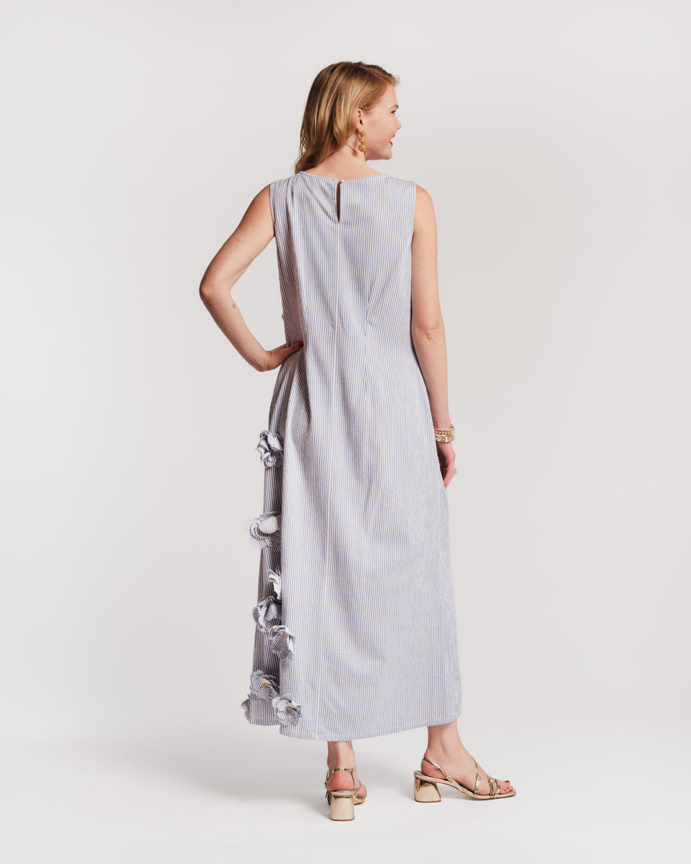 Origami Dress Seersucker Stripe Cotton Blue/White Frances Valentine