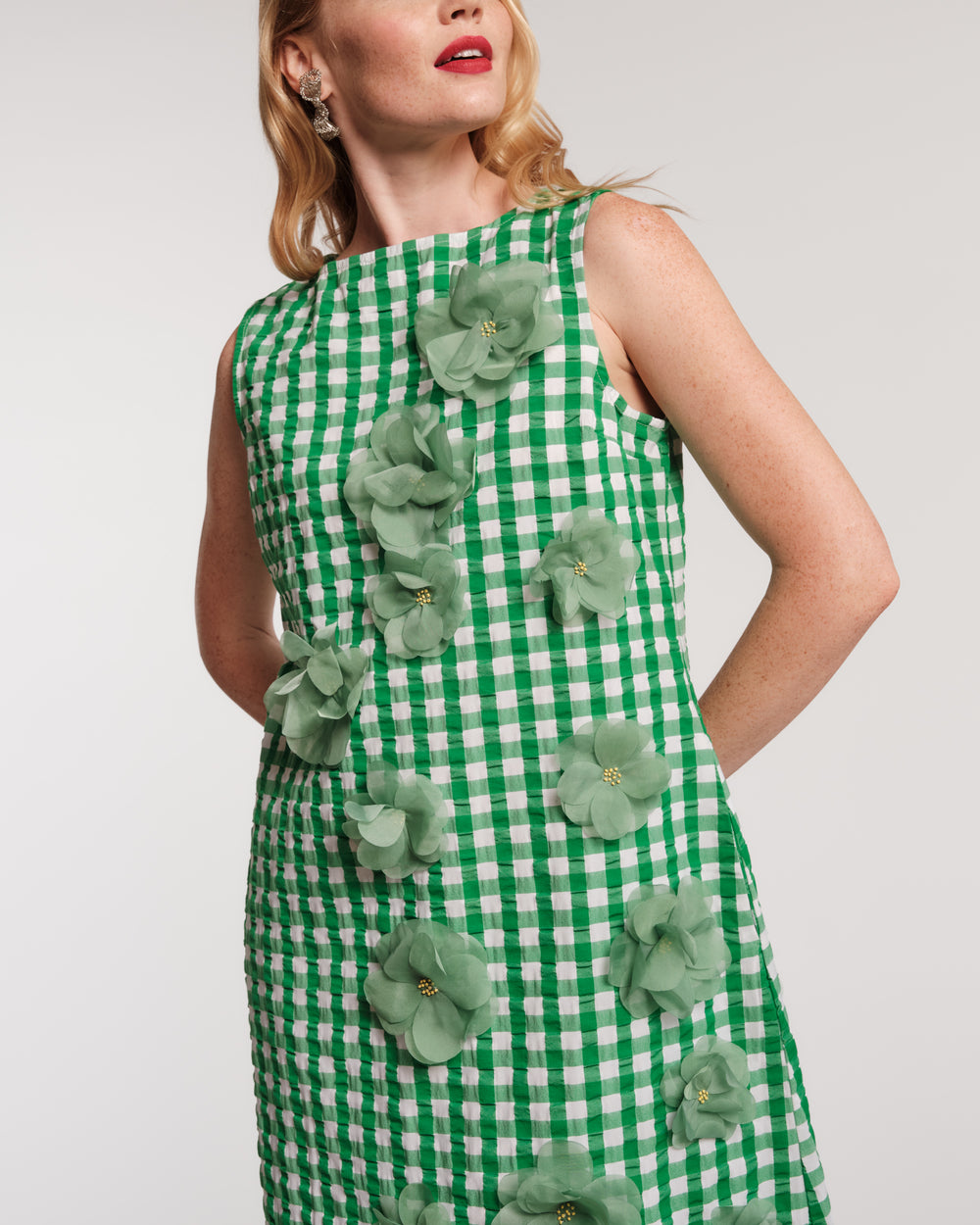 Origami Dress Gingham Cotton Poplin Green/Oyster Frances Valentine