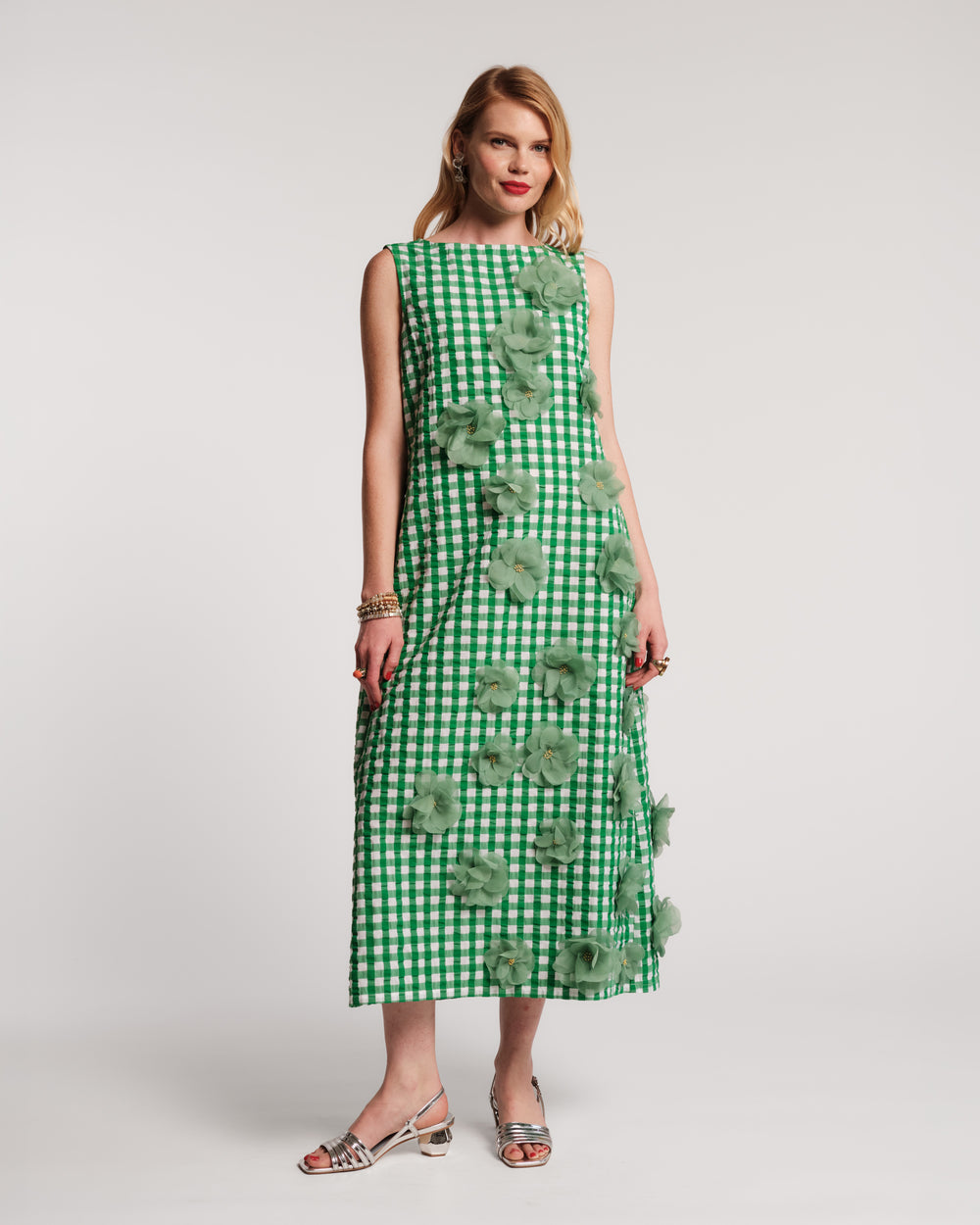 Origami Dress Gingham Cotton Poplin Green/Oyster Frances Valentine