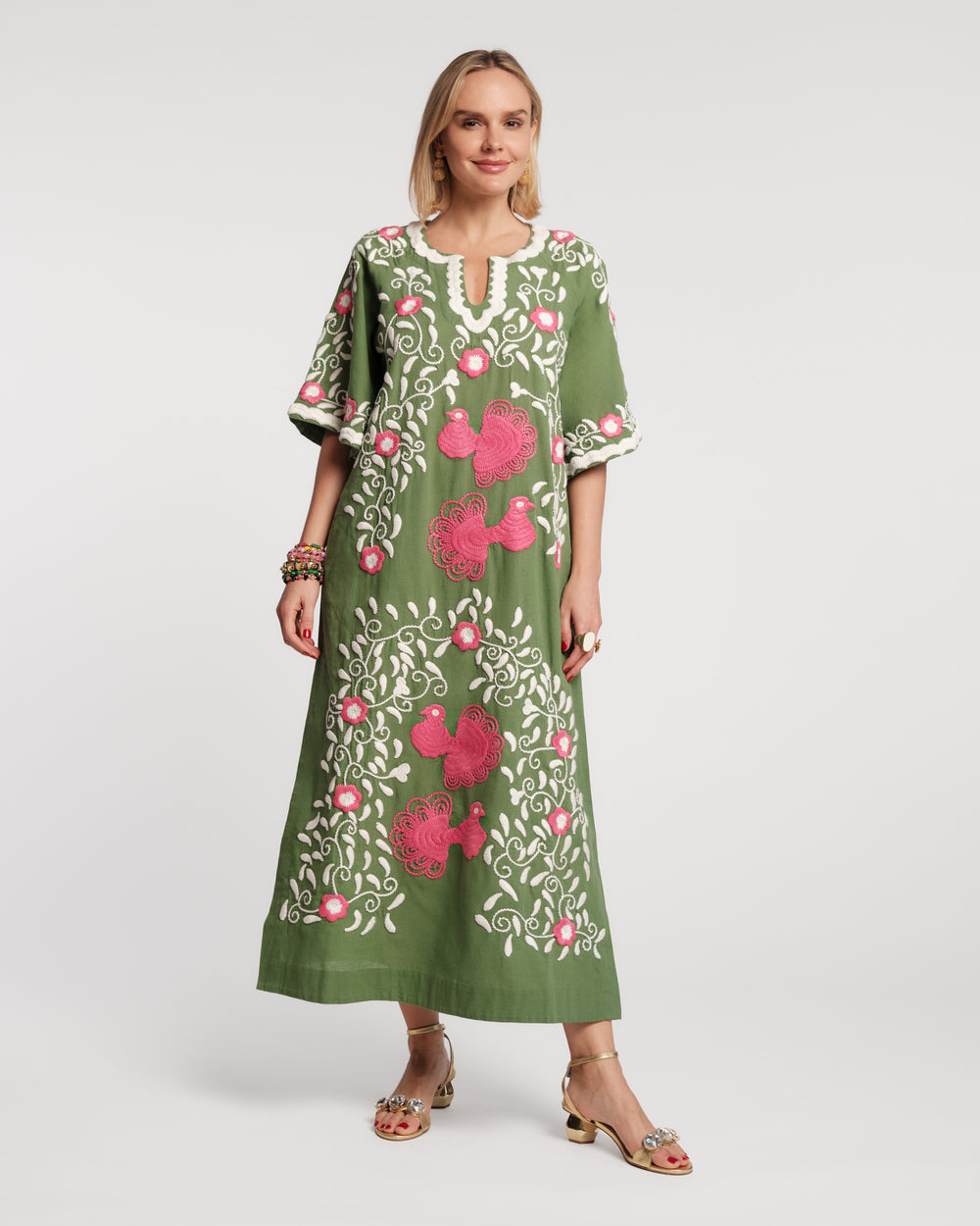 Embroidered Peacock Charming Caftan - Green