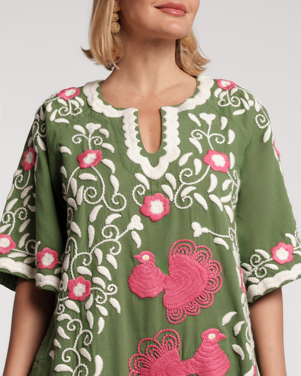 Embroidered Peacock Charming Caftan - Green