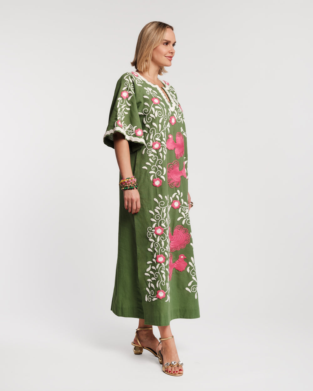 Embroidered Peacock Charming Caftan - Green