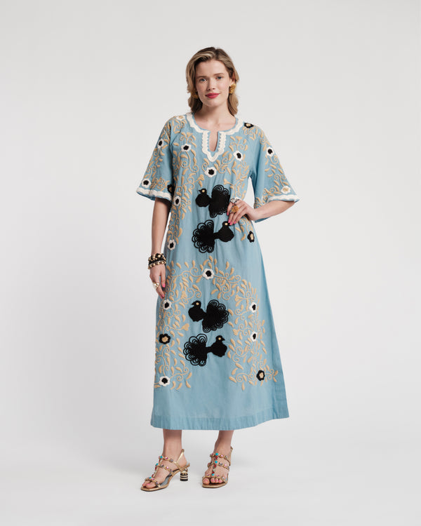 Embroidered Peacock Charming Caftan - Light Blue/Black Caftan Frances Valentine