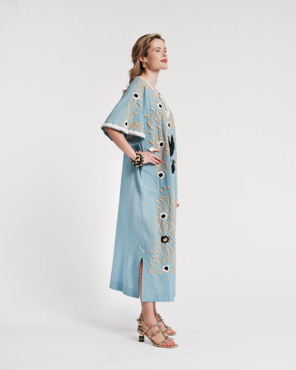 Embroidered Charming Caftan - Light Blue/Black Caftan Frances Valentine