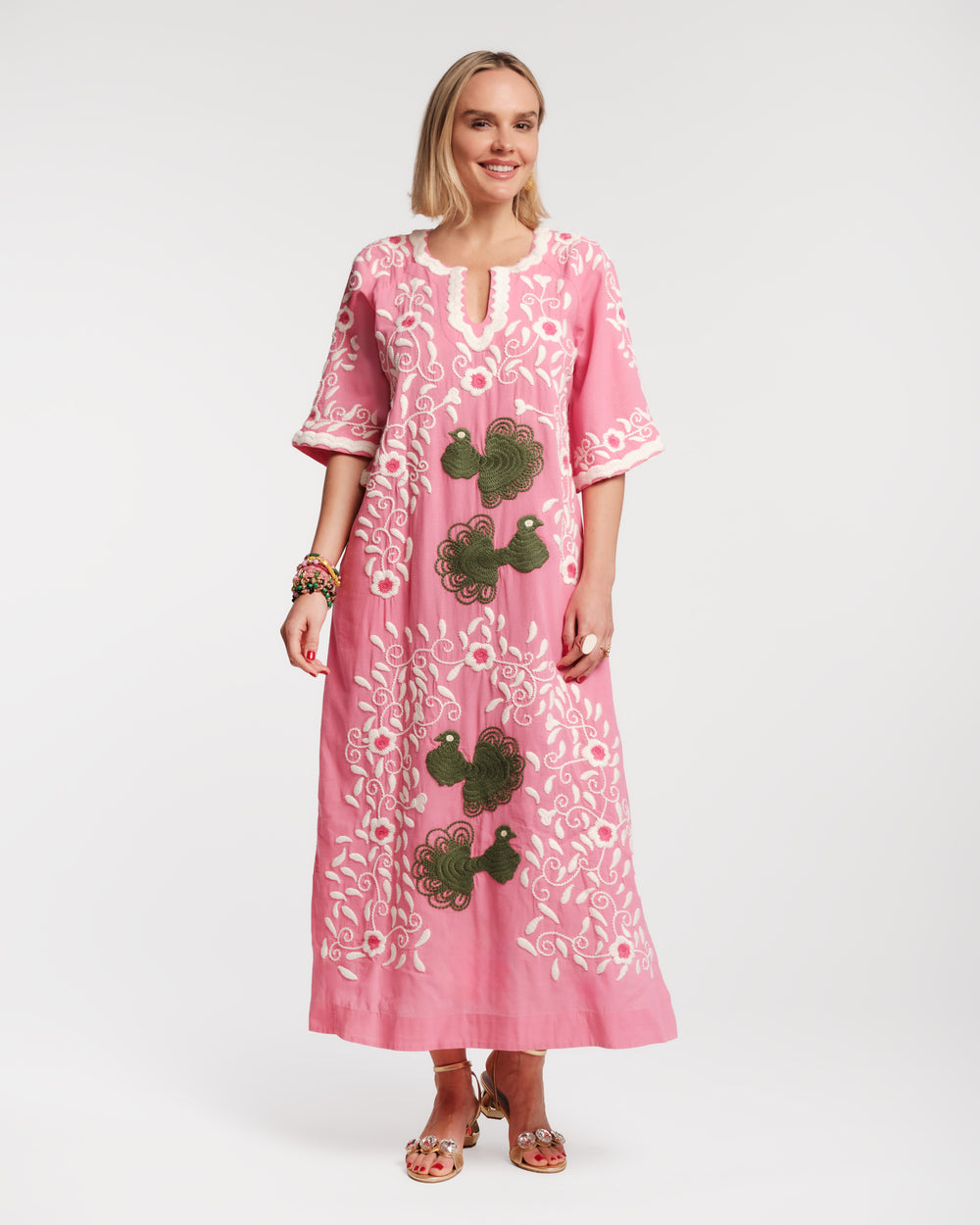 Peacock Caftan Embroidery Cotton Pink/Multi Frances Valentine