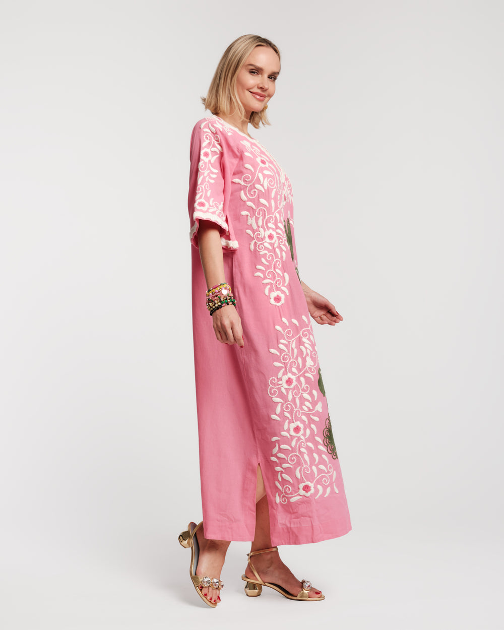 Peacock Caftan Embroidery Cotton Pink/Multi Frances Valentine