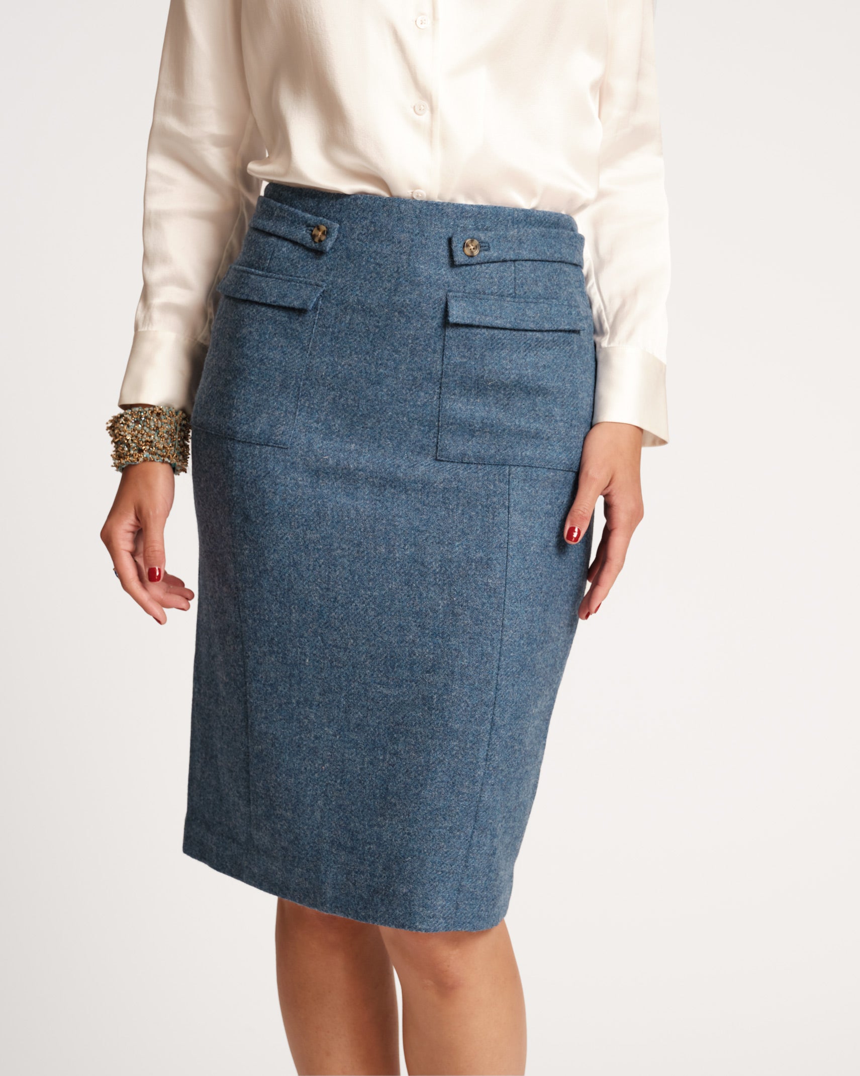 Wool Pencil Skirt Blue