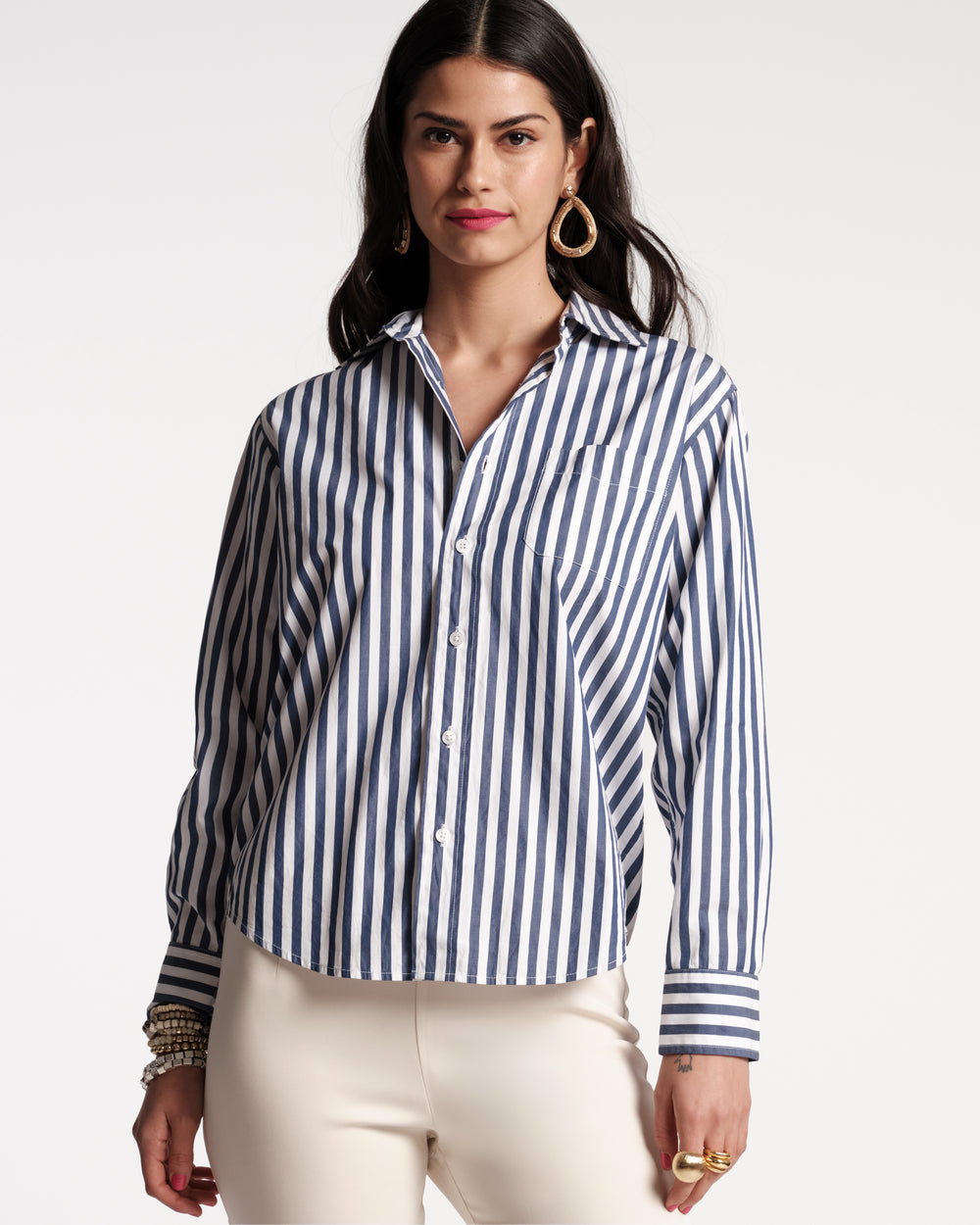 Frances Valentine Perfect Button Down Stripe Navy, Navy White, Size M Frances Valentine Perfect Button Down Stripe Navy, Navy White, Size M