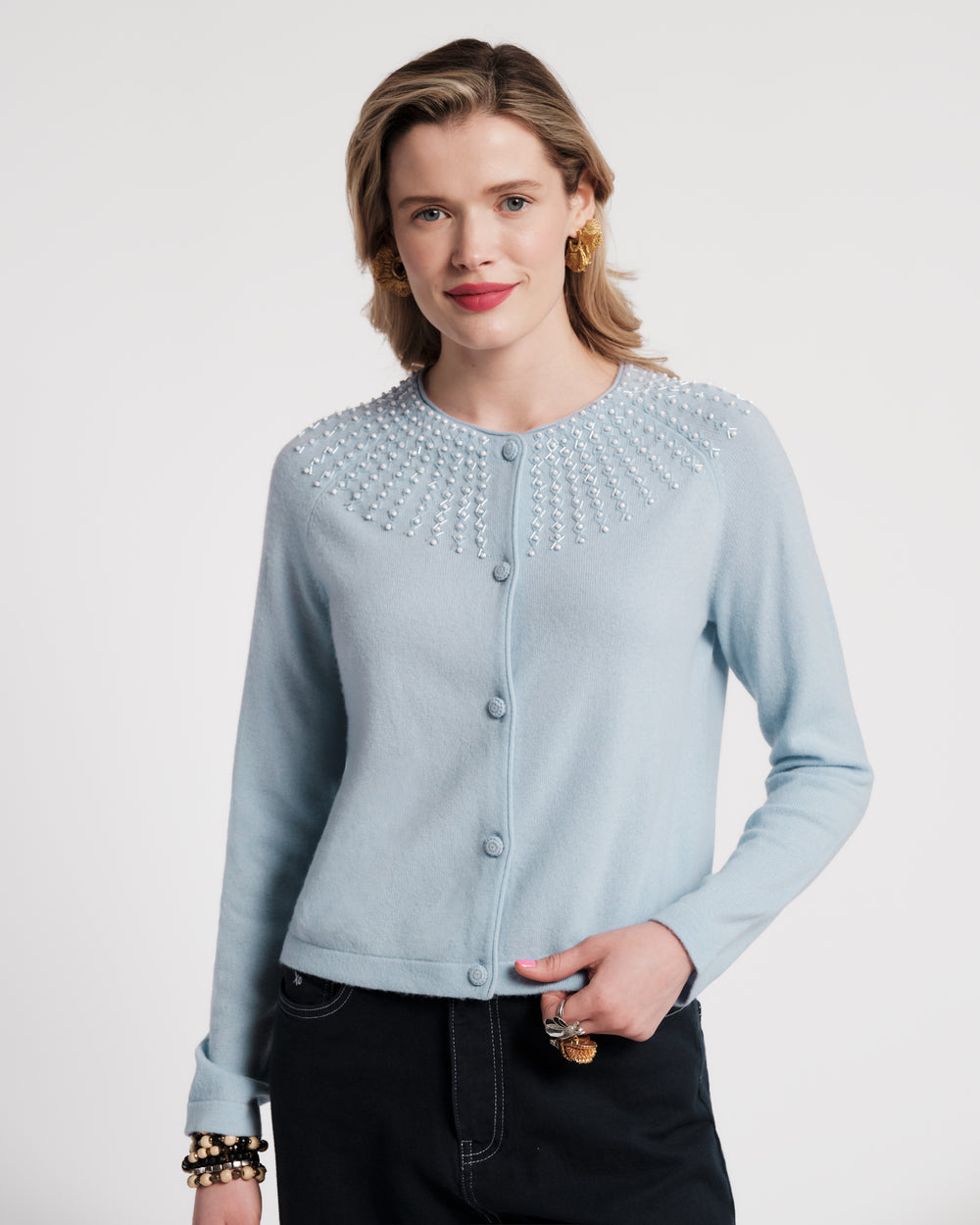 RBG Cardigan Beaded Wool/Cashmere Blend Light Blue Frances Valentine