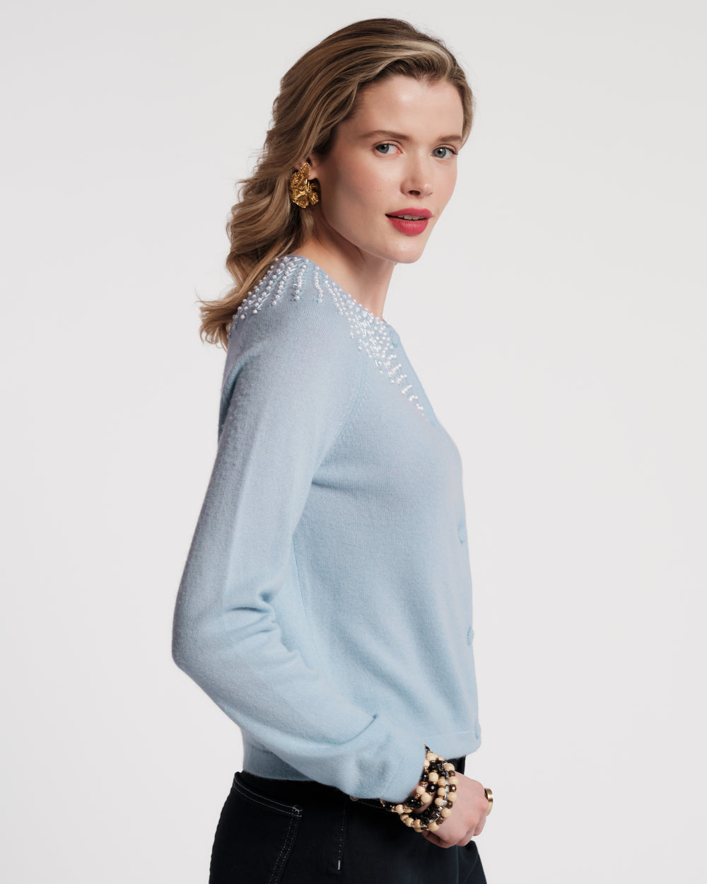 RBG Cardigan Beaded Wool/Cashmere Blend Light Blue Frances Valentine