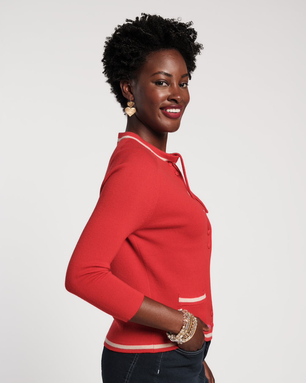 Border Tie Neck Cardigan - Red Sweater Frances Valentine