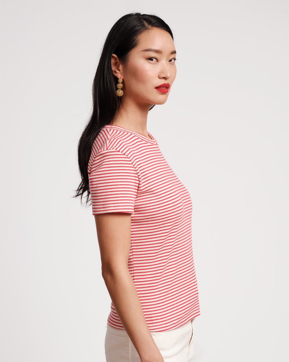 Crewneck Ribbed Tee - Stripe Cotton Red/White - Frances Valentine