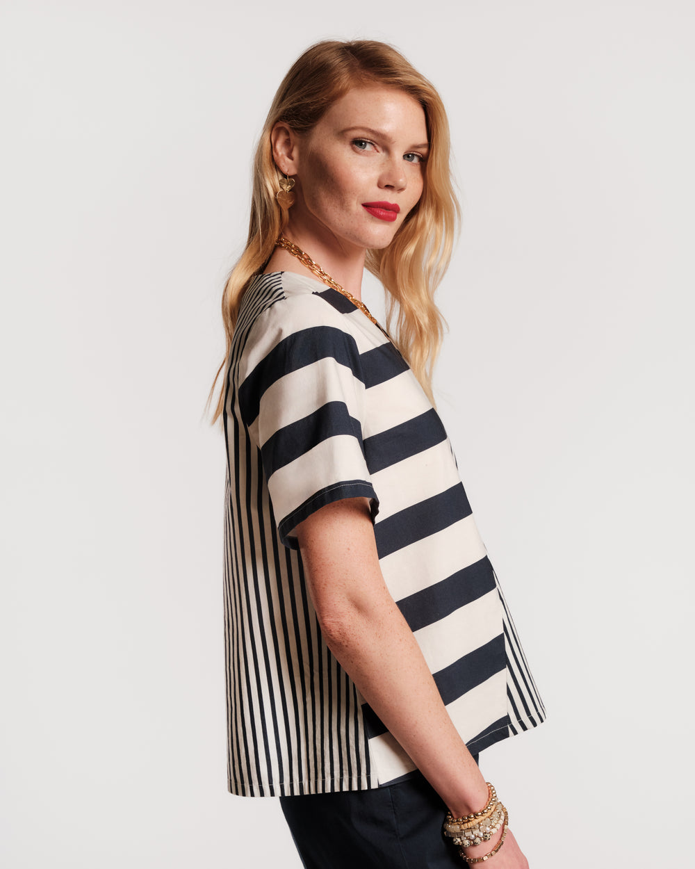 Schooner Top Nautical Stripe Cotton Poplin Navy/Oyster Frances Valentine