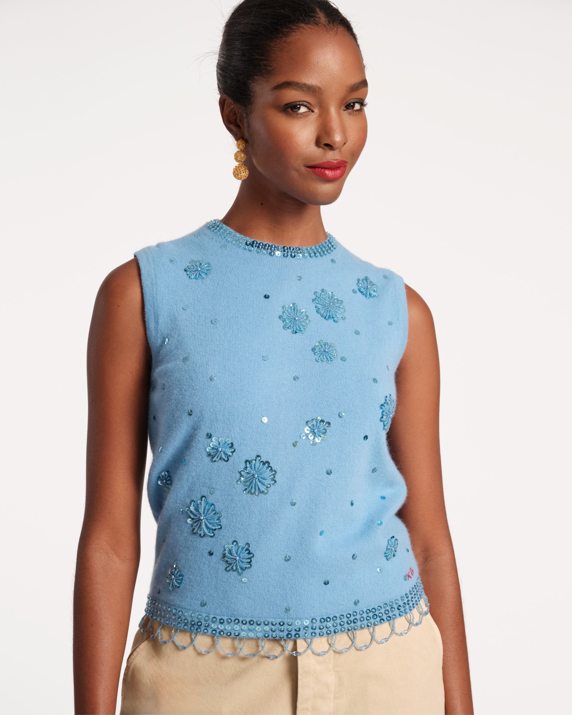 Star Embroidered Knit Shell Light Blue