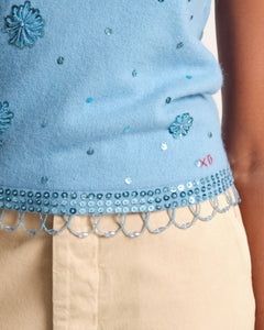 Star Embroidered Knit Shell Light Blue - Frances Valentine