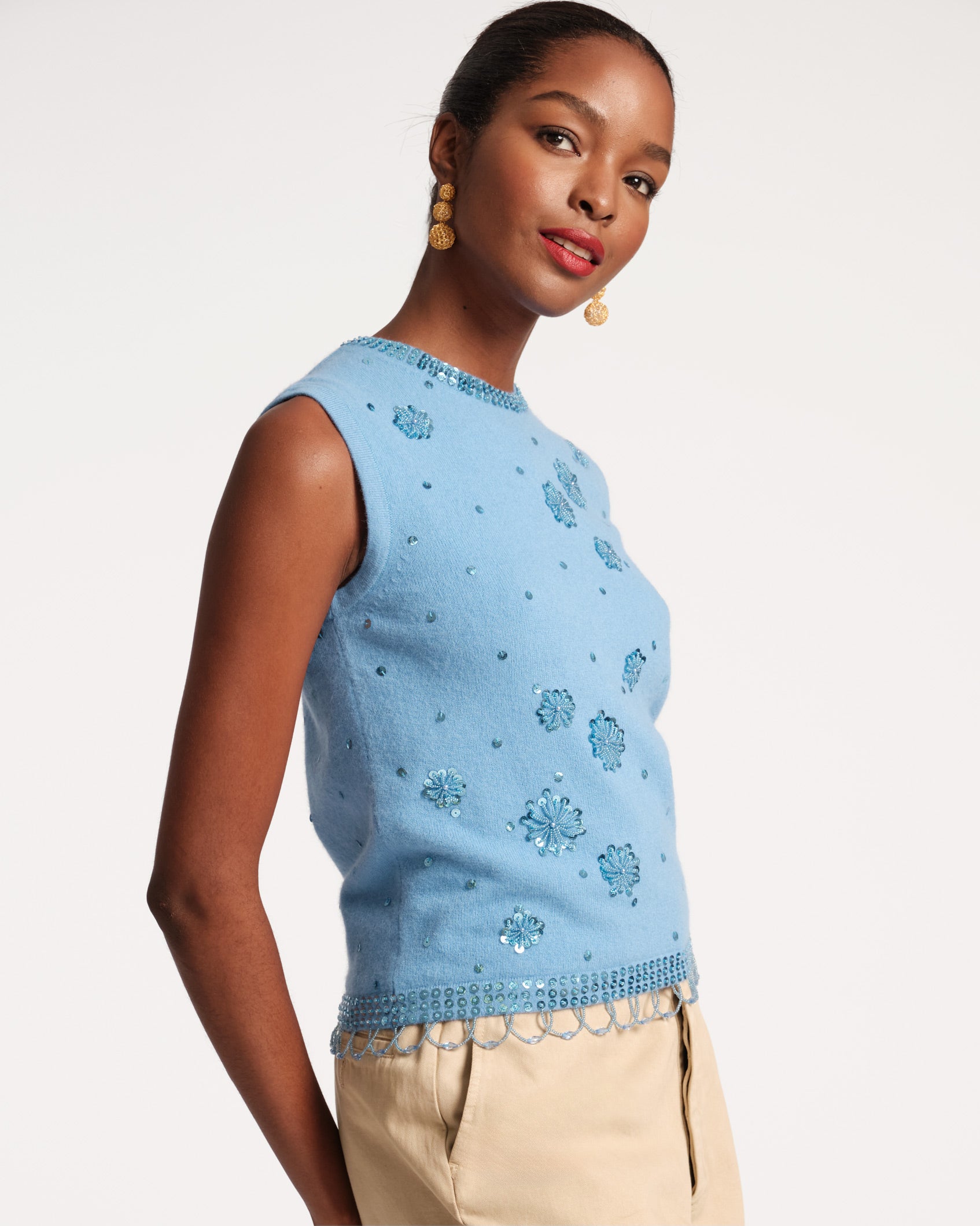 Star Embroidered Knit Shell Light Blue