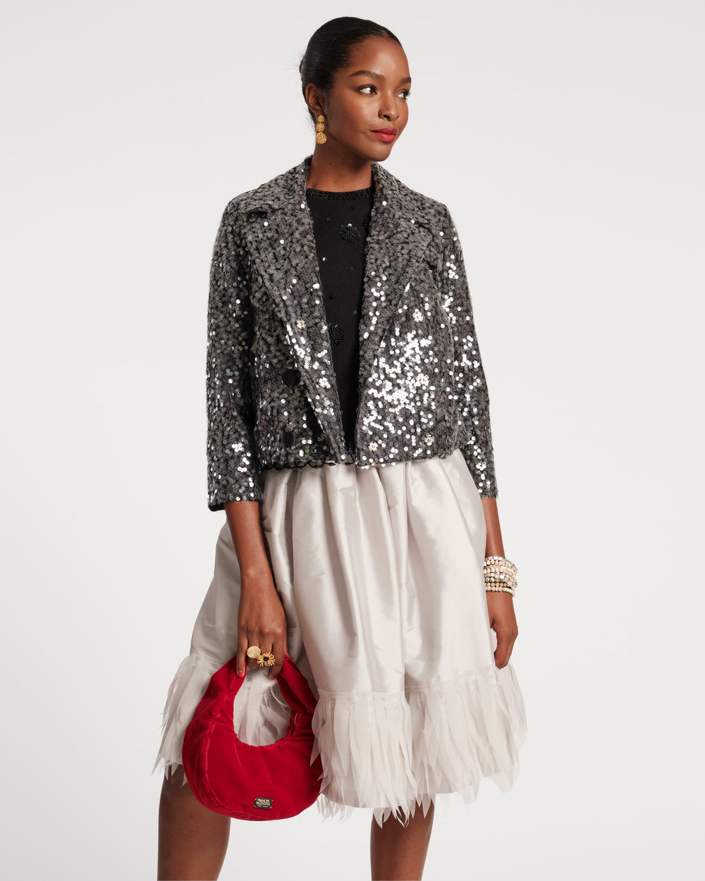 Barbara Midi Feather Skirt - Silver - Frances Valentine