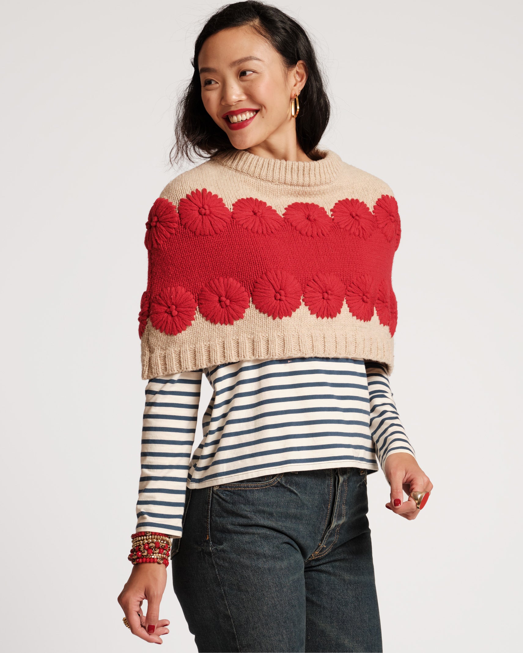 Emma Embroidered Flower Wool Shrug Oyster Red
