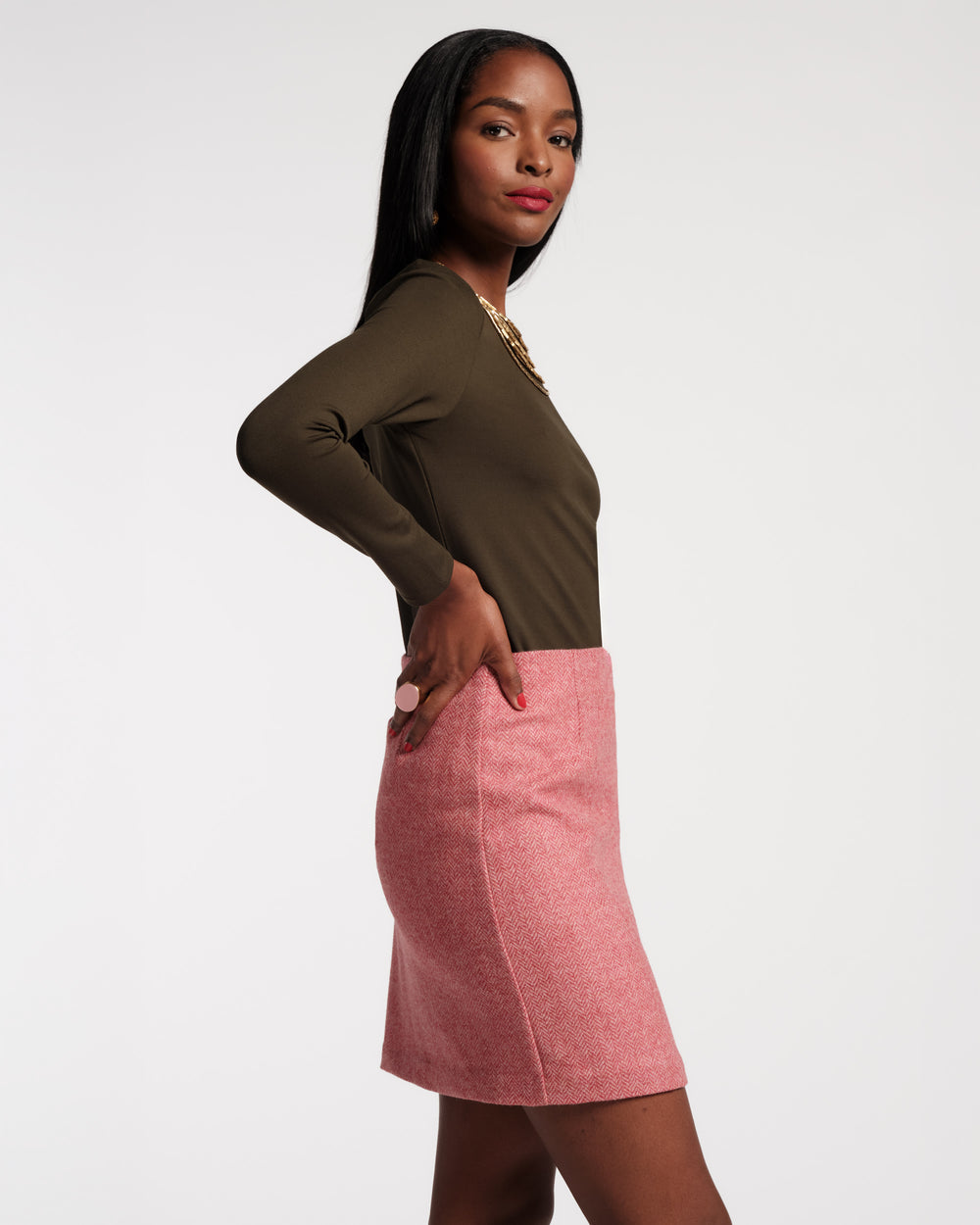 Penelope Mini Skirt - Pink Herringbone Wool Pink - Frances Valentine