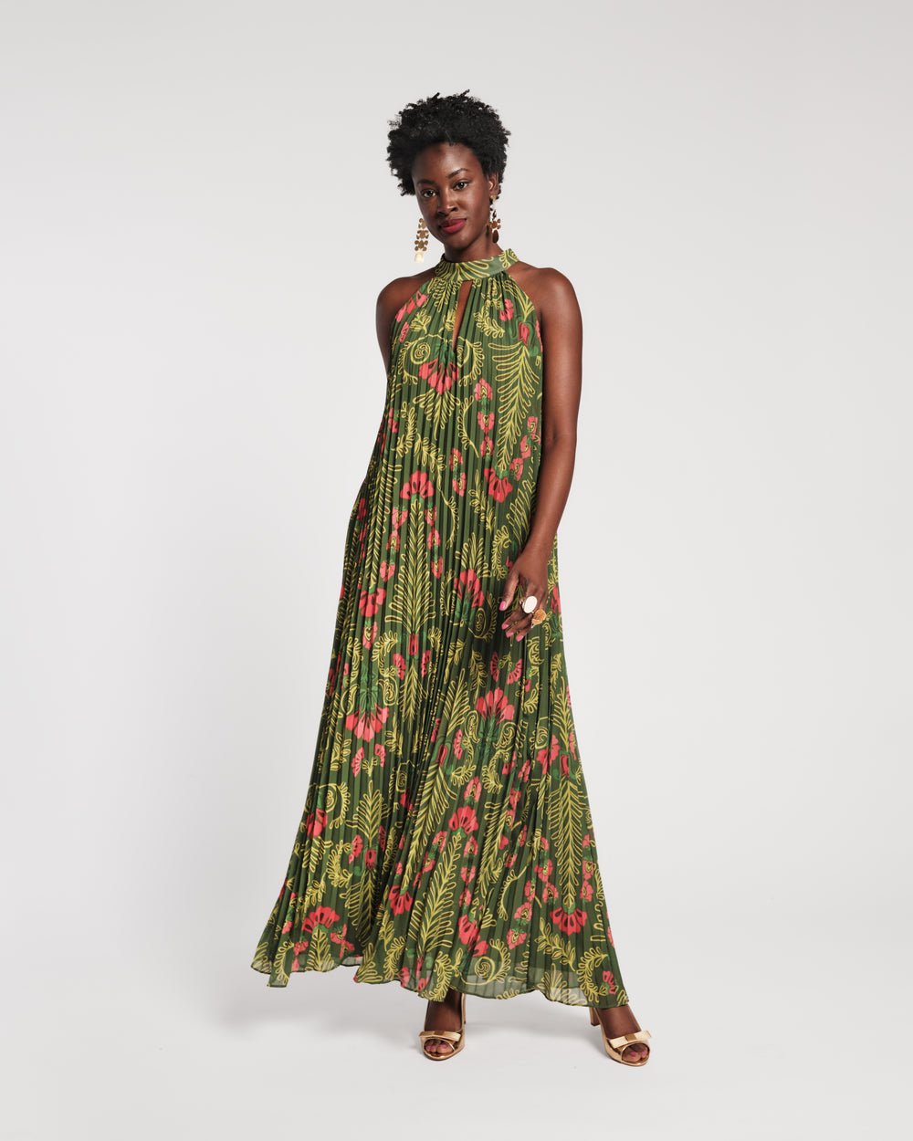 Slim Pleated Maxi Dress - Canopy Green L Slim Pleated Maxi Dress - Canopy Green L