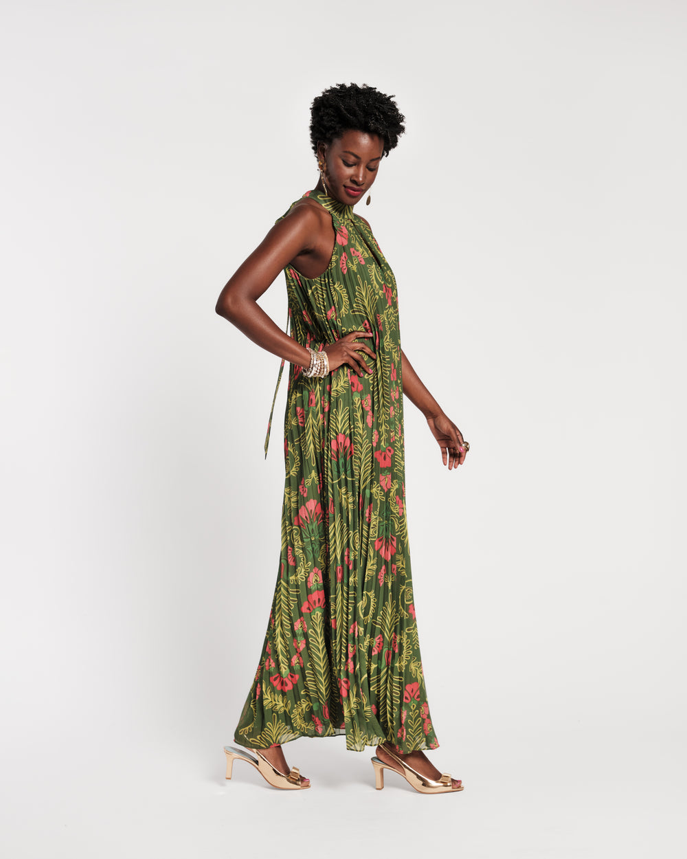 Slim Pleated Maxi Dress - Canopy Green L Slim Pleated Maxi Dress - Canopy Green L