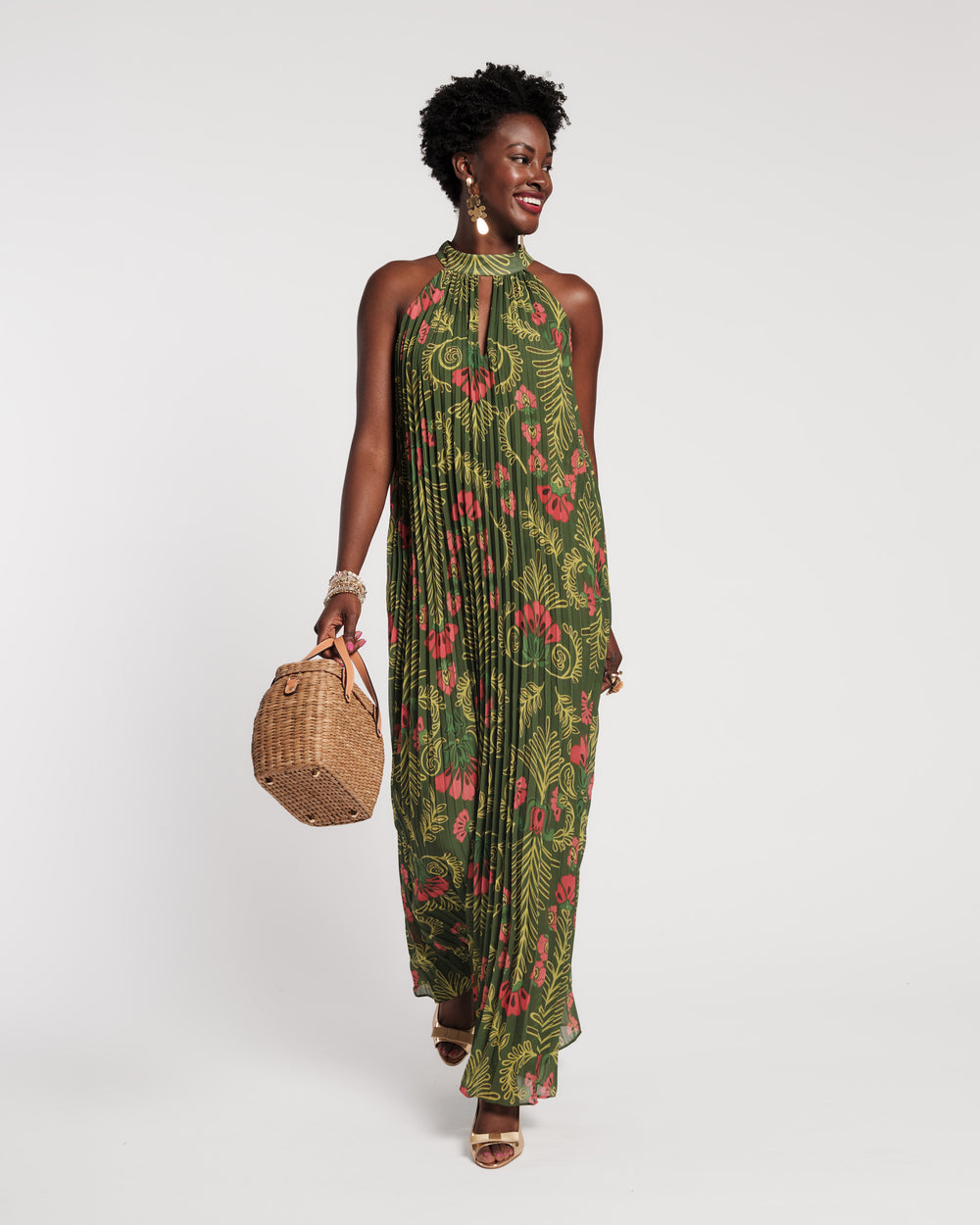 Slim Pleated Maxi Dress - Canopy Green L Slim Pleated Maxi Dress - Canopy Green L