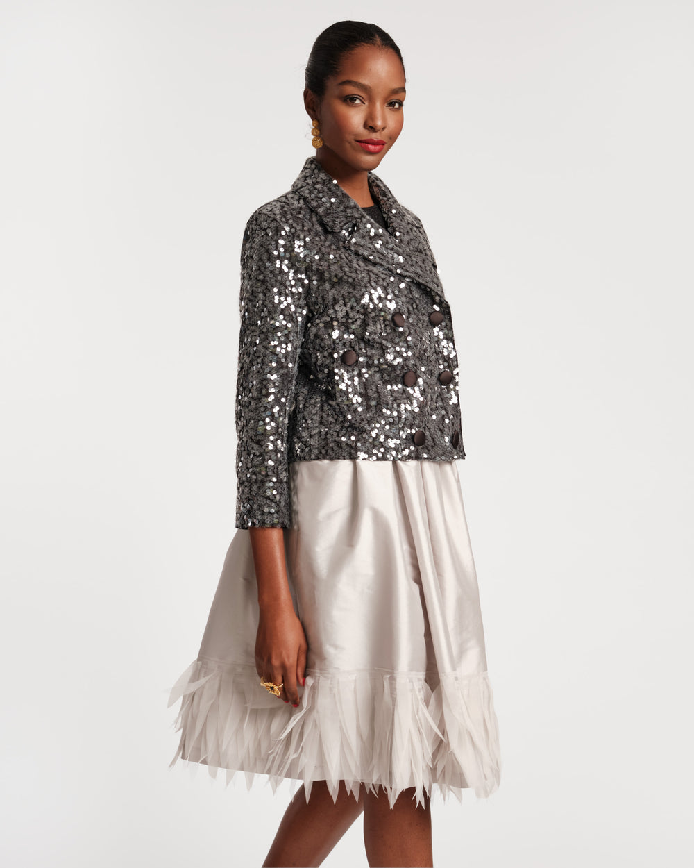 Barbara Midi Feather Skirt - Silver - Frances Valentine