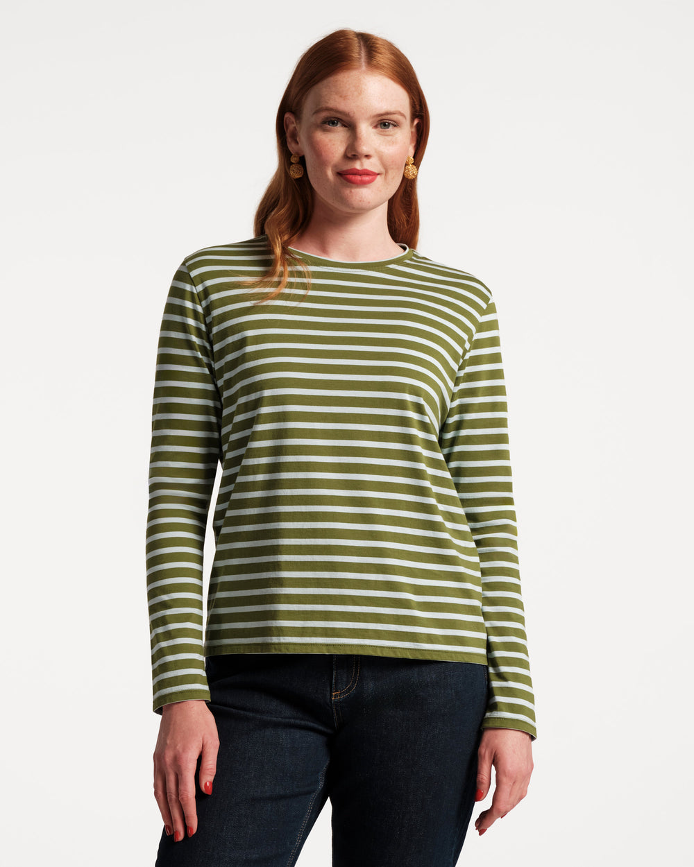 Long Sleeve Striped Tee Shirt - Olive/Light Blue - Frances Valentine