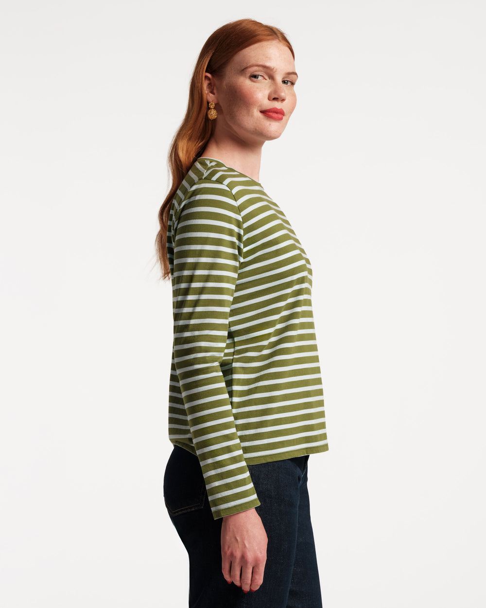 Long Sleeve Striped Tee Shirt - Olive/Light Blue - Frances Valentine