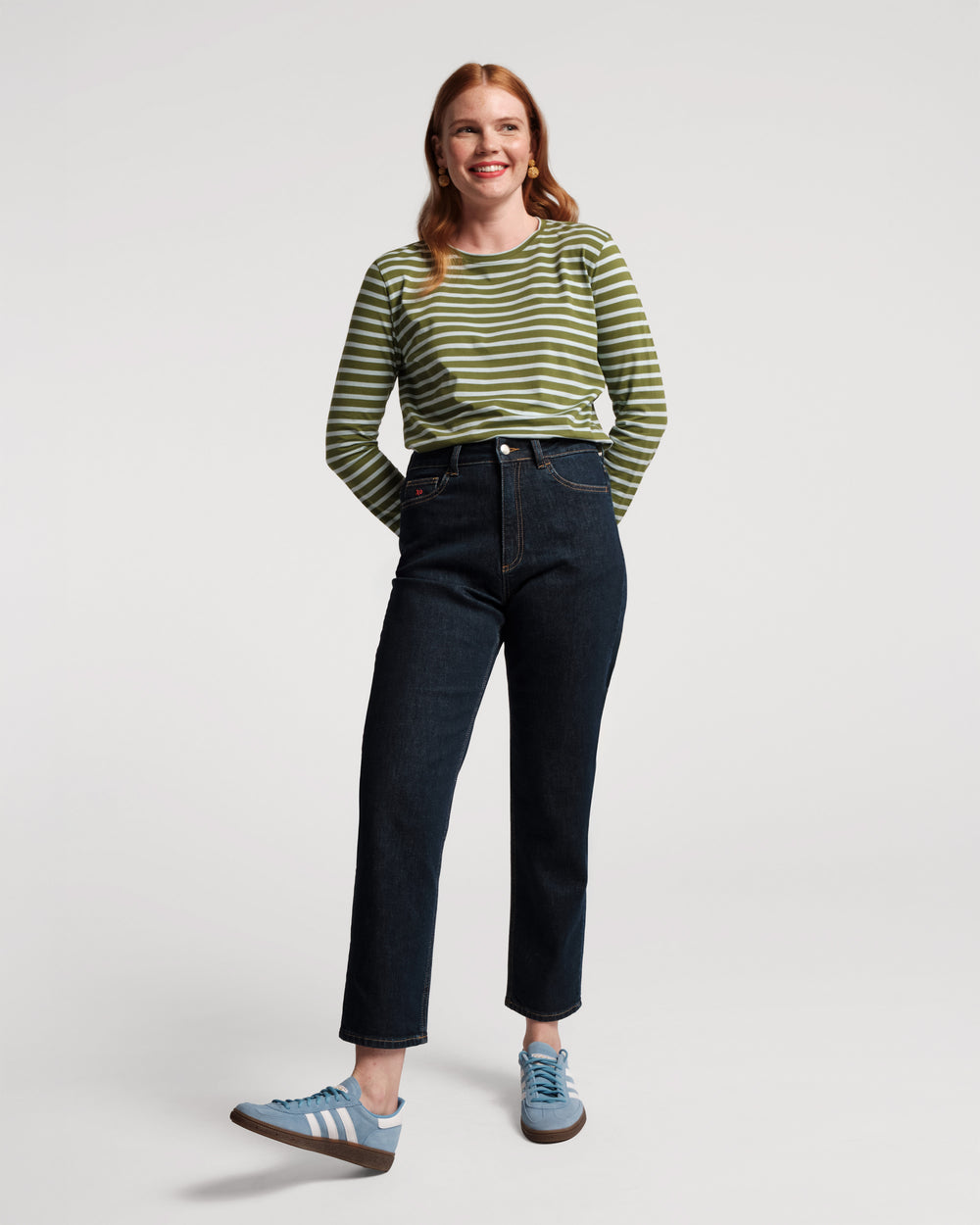 Long Sleeve Striped Tee Shirt - Olive/Light Blue - Frances Valentine
