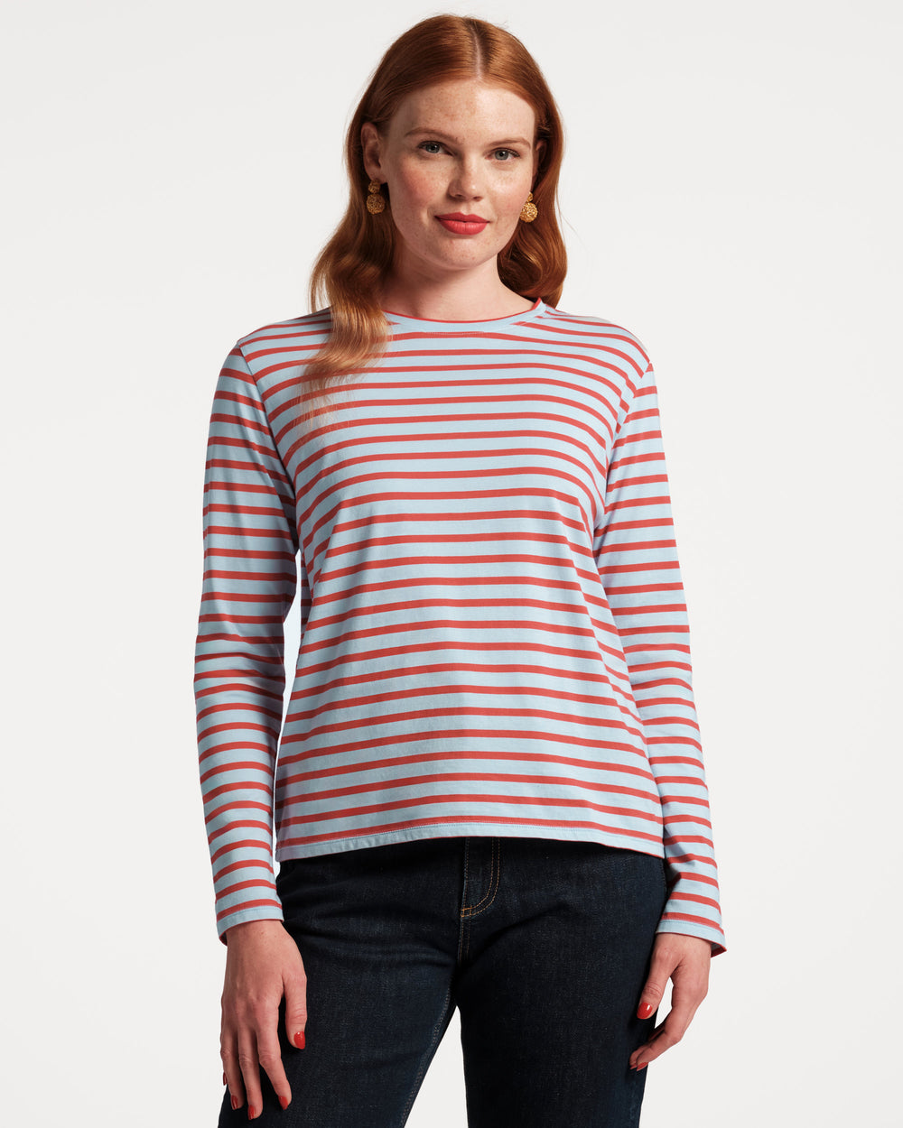 Long Sleeve Striped Tee Shirt - Light Blue/Red - Frances Valentine