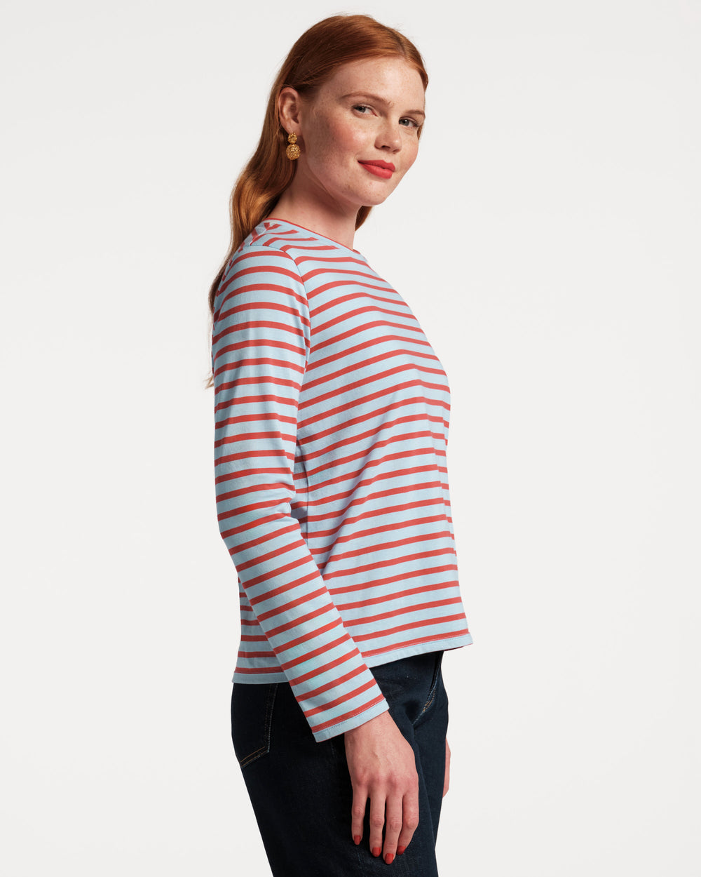 Long Sleeve Striped Tee Shirt - Light Blue/Red - Frances Valentine