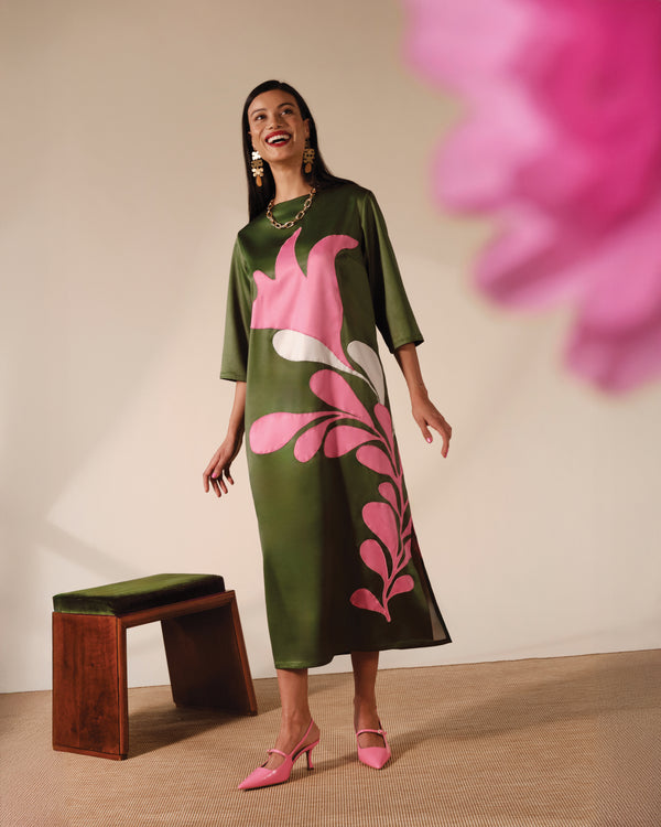 Belle Maxi Dress Modern Palm Dutch Satin Treetop/Pink Frances Valentine