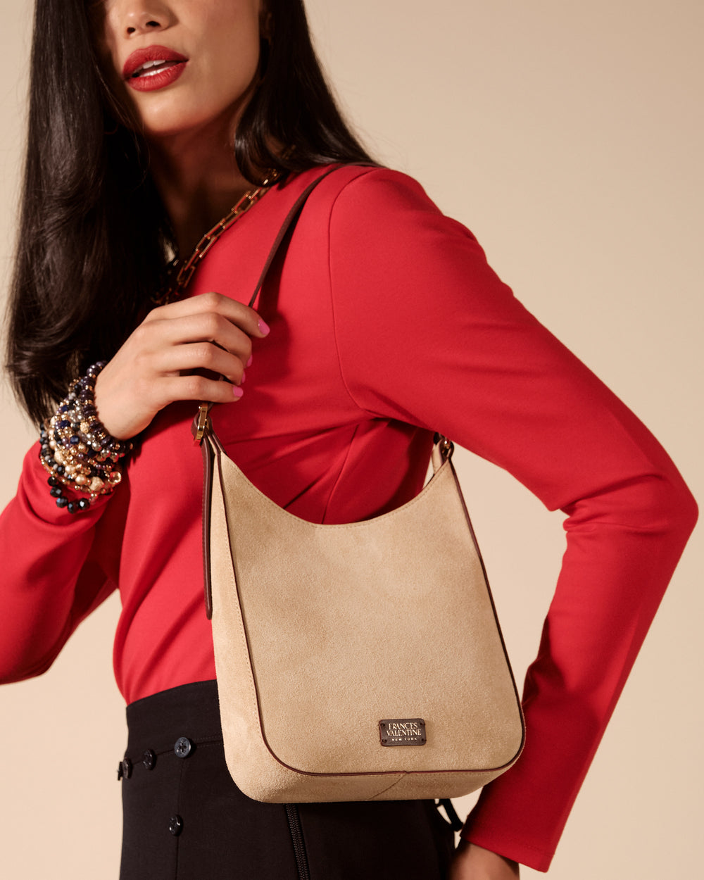 Sadie Shoulder Bag Suede Leather Sand OS Frances Valentine