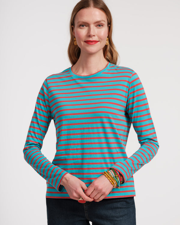 Long Sleeve Striped Tee Shirt - Turquoise Red - Frances Valentine