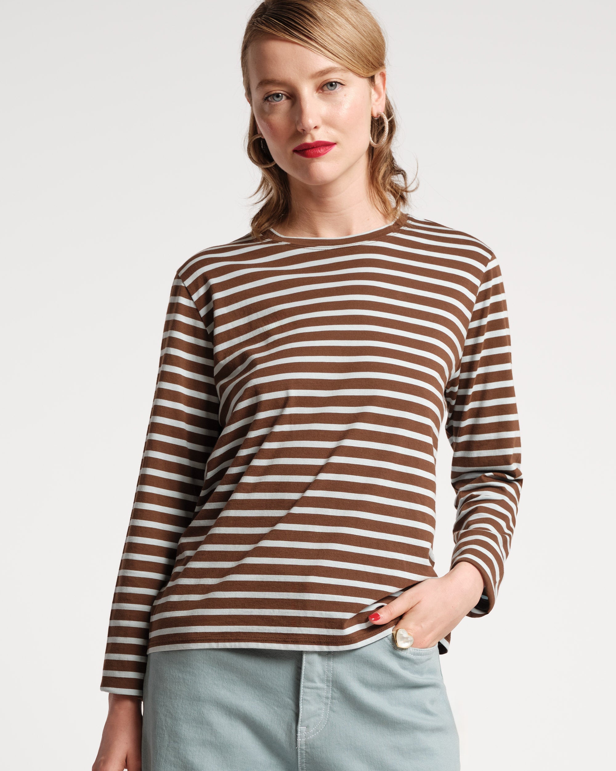 Long Sleeve Striped Tee Shirt Chocolate Light Blue