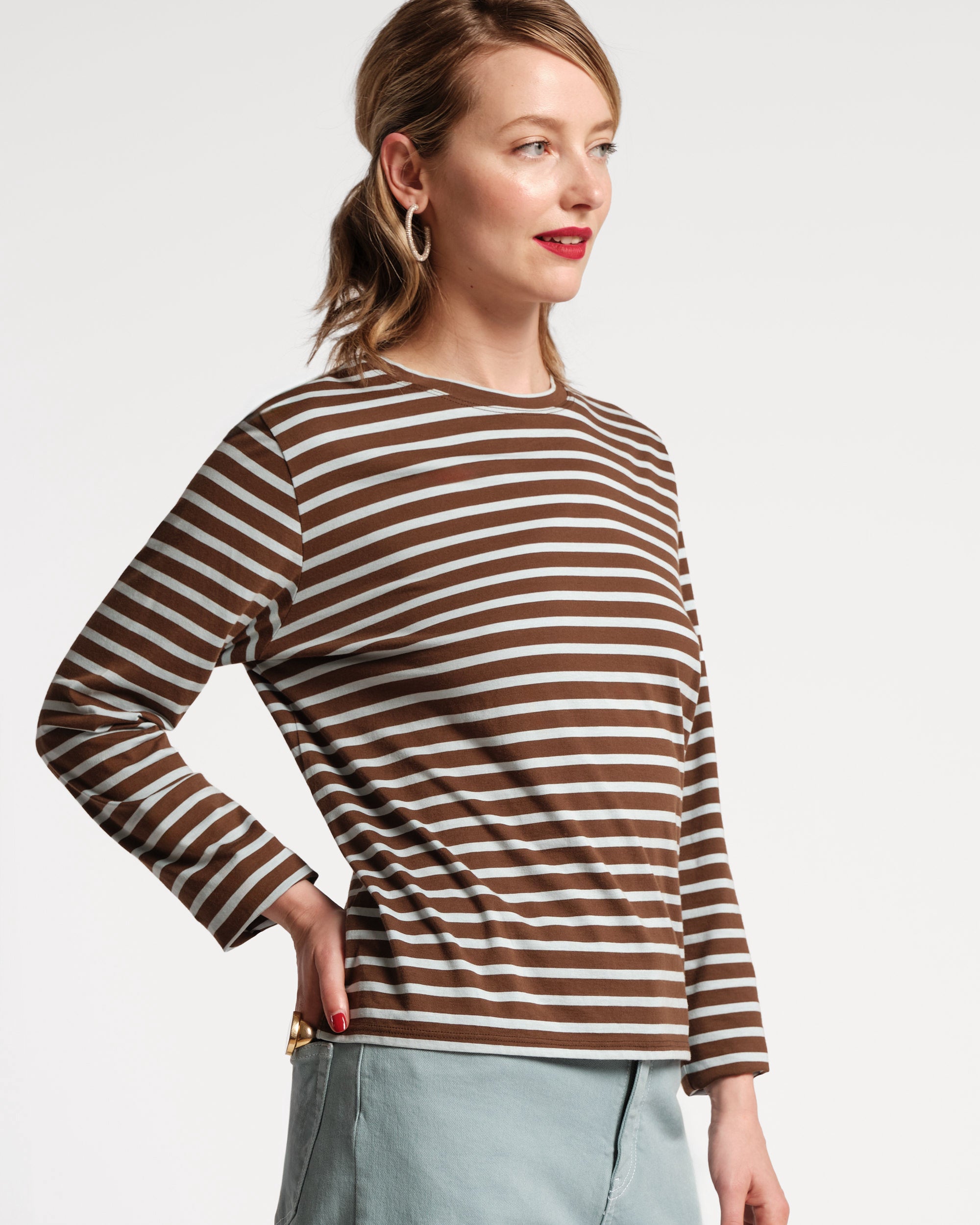 Long Sleeve Striped Tee Shirt Chocolate Light Blue