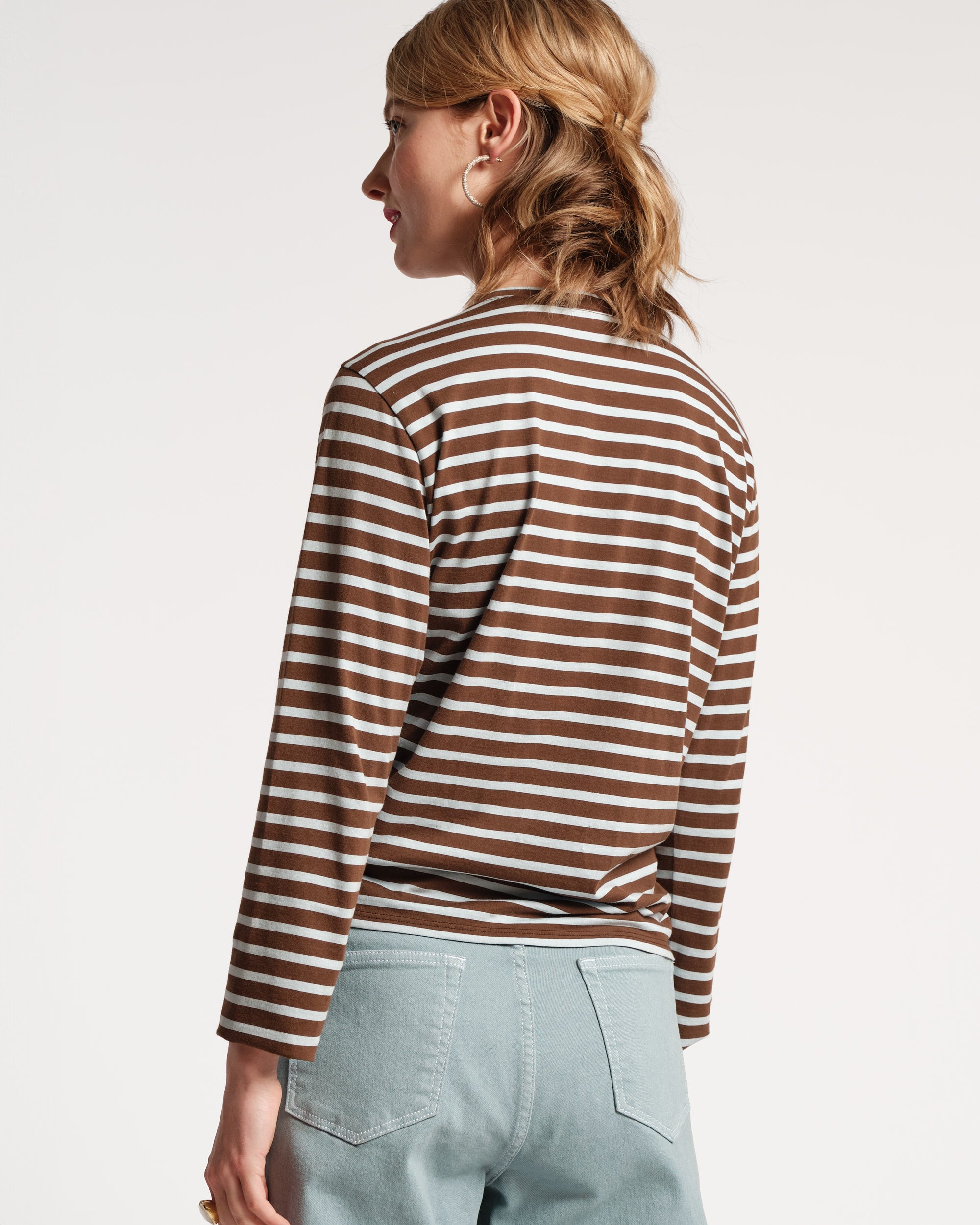 Long Sleeve Striped Tee Shirt Chocolate Light Blue