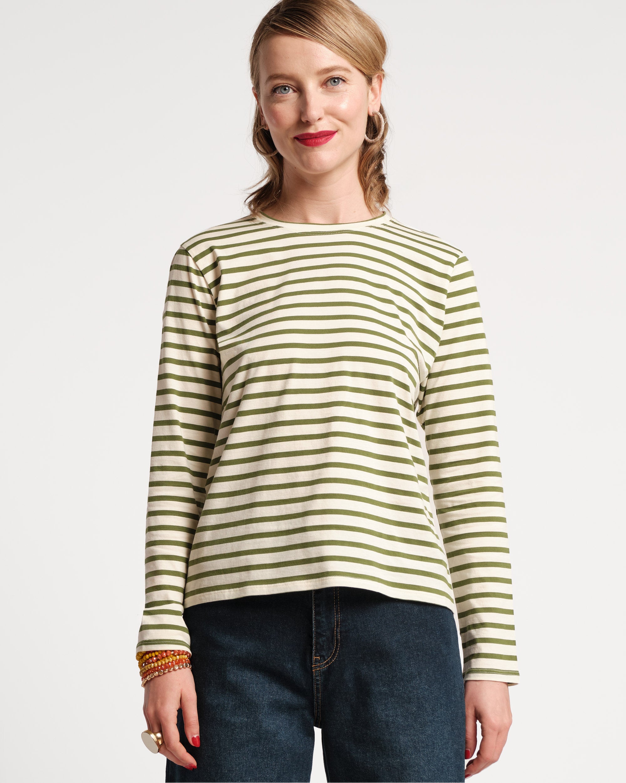 Long Sleeve Striped Tee Shirt Oyster Green