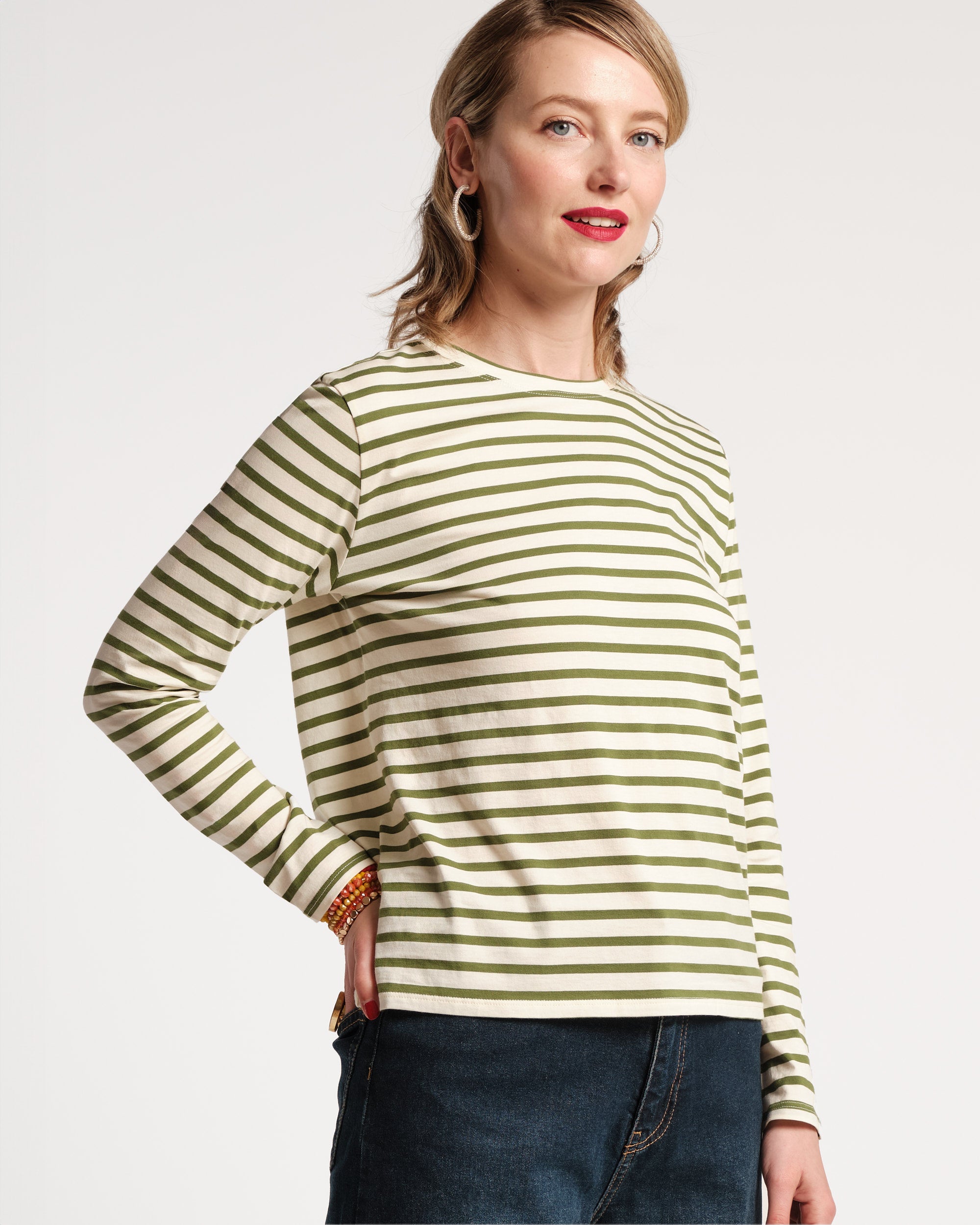 Long Sleeve Striped Tee Shirt Oyster Green