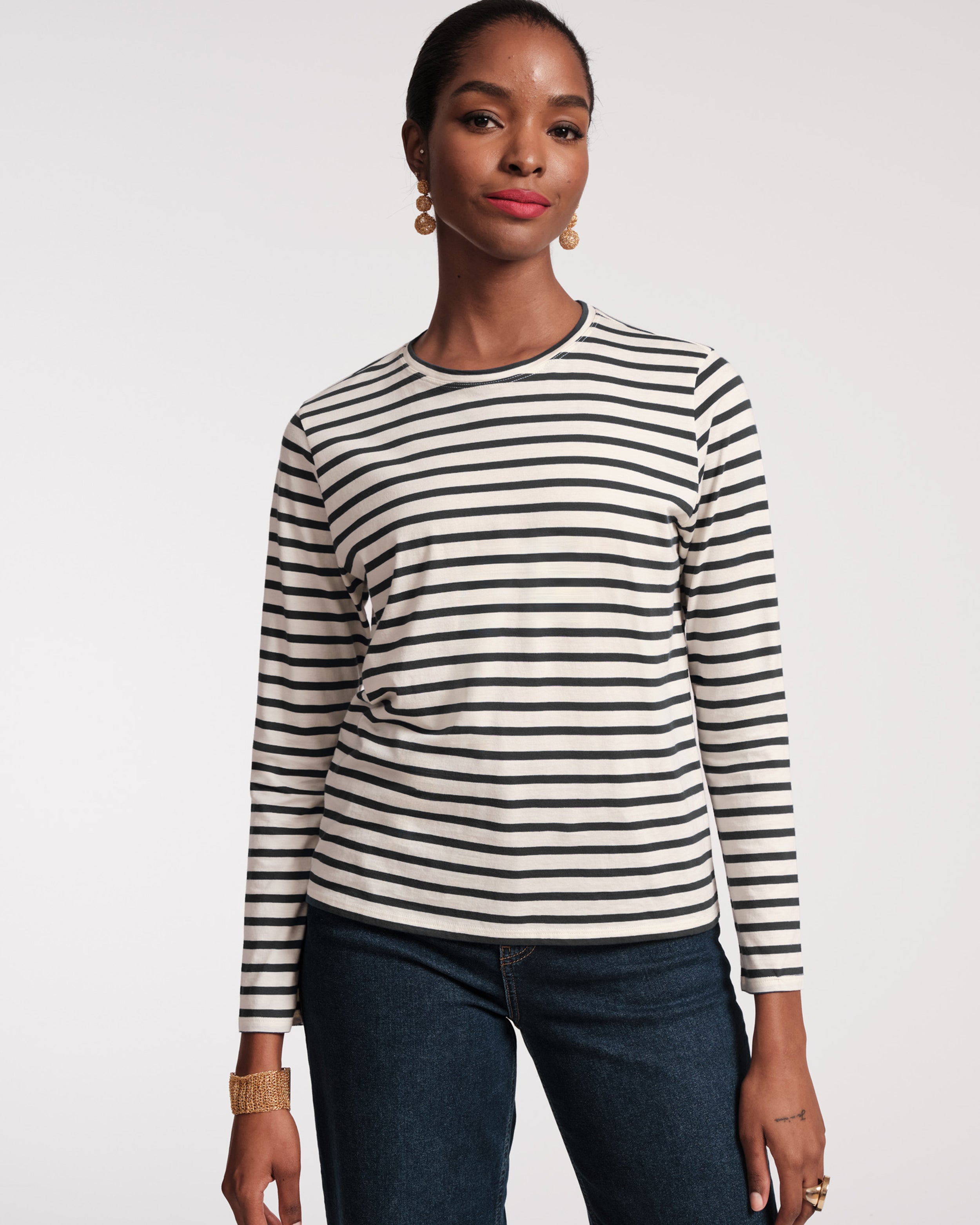 Long Sleeve Striped Shirt Oyster Navy | Frances Valentine