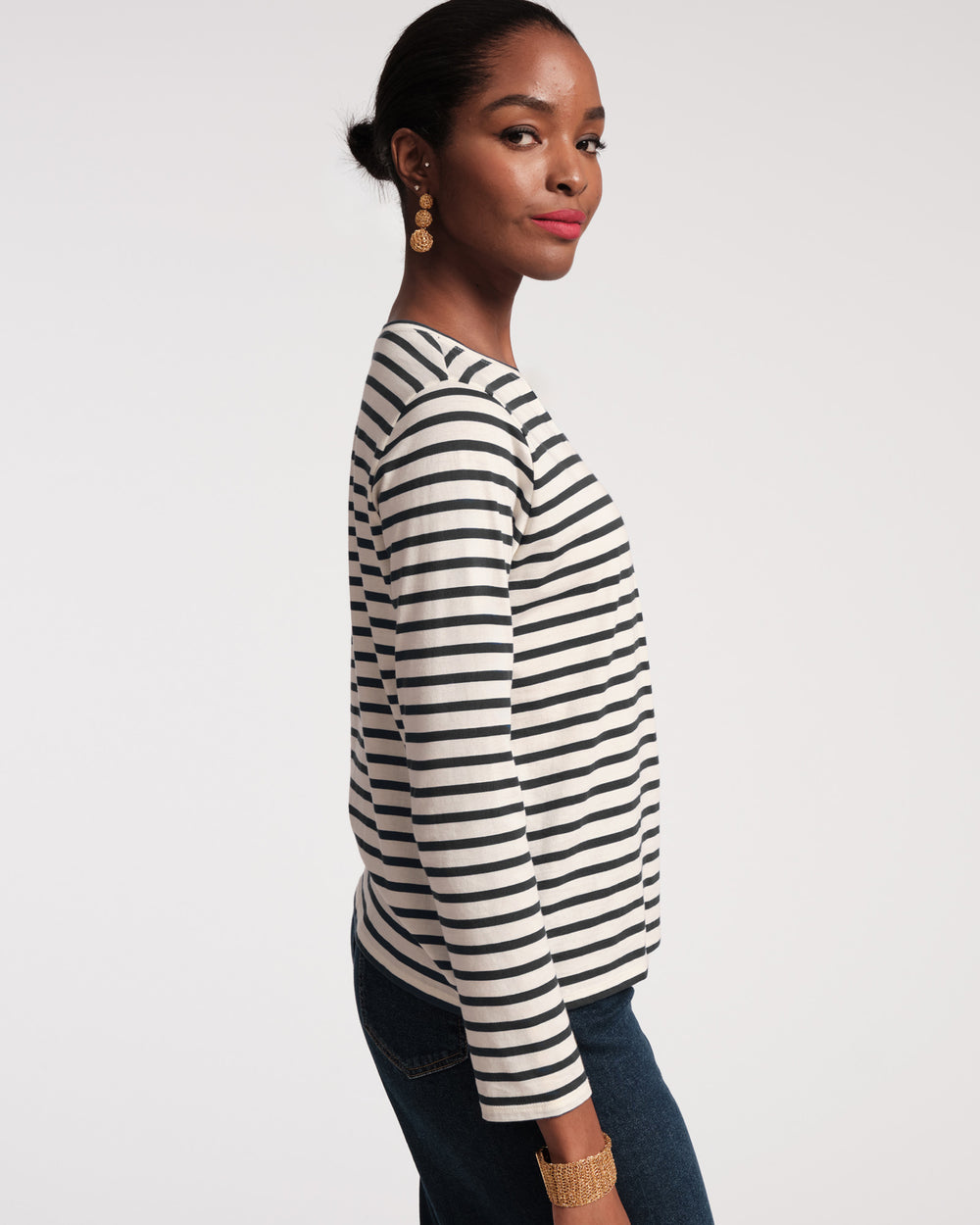Long Sleeve Striped T Shirt - Oyster/Black