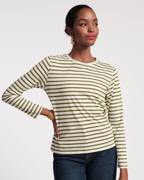 Long Sleeve Striped Tee Shirt - Oyster Green - Frances Valentine