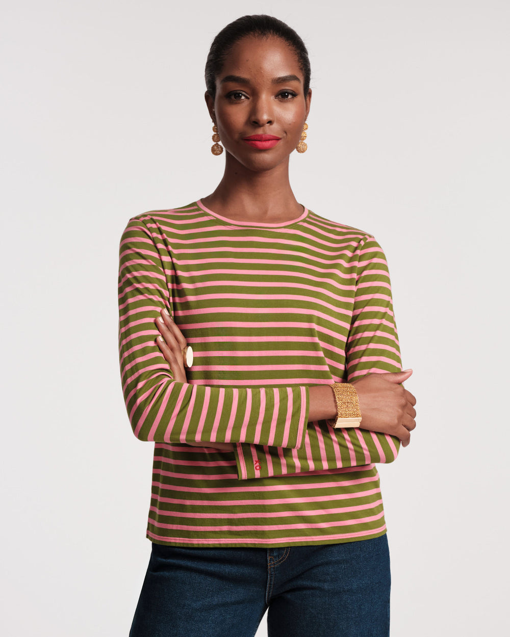 Long Sleeve Striped Tee Shirt - Green Pink - Frances Valentine