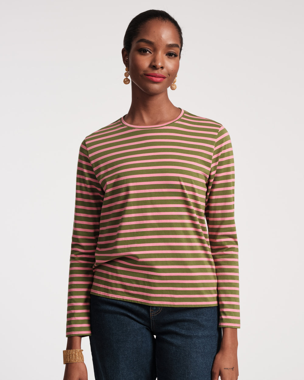 Long Sleeve Striped Tee Shirt - Green Pink - Frances Valentine