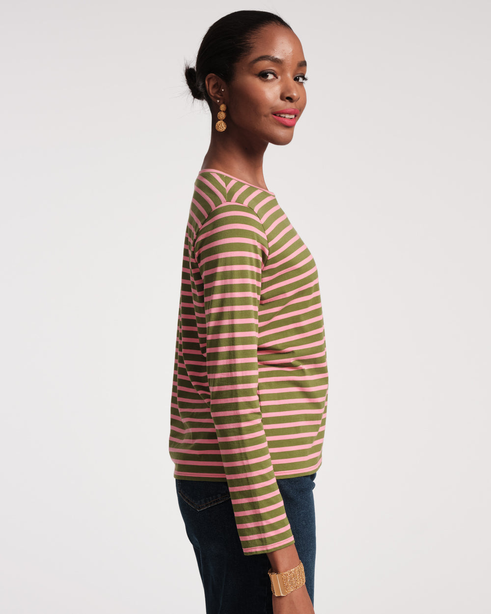 Long Sleeve Striped Tee Shirt - Green Pink - Frances Valentine