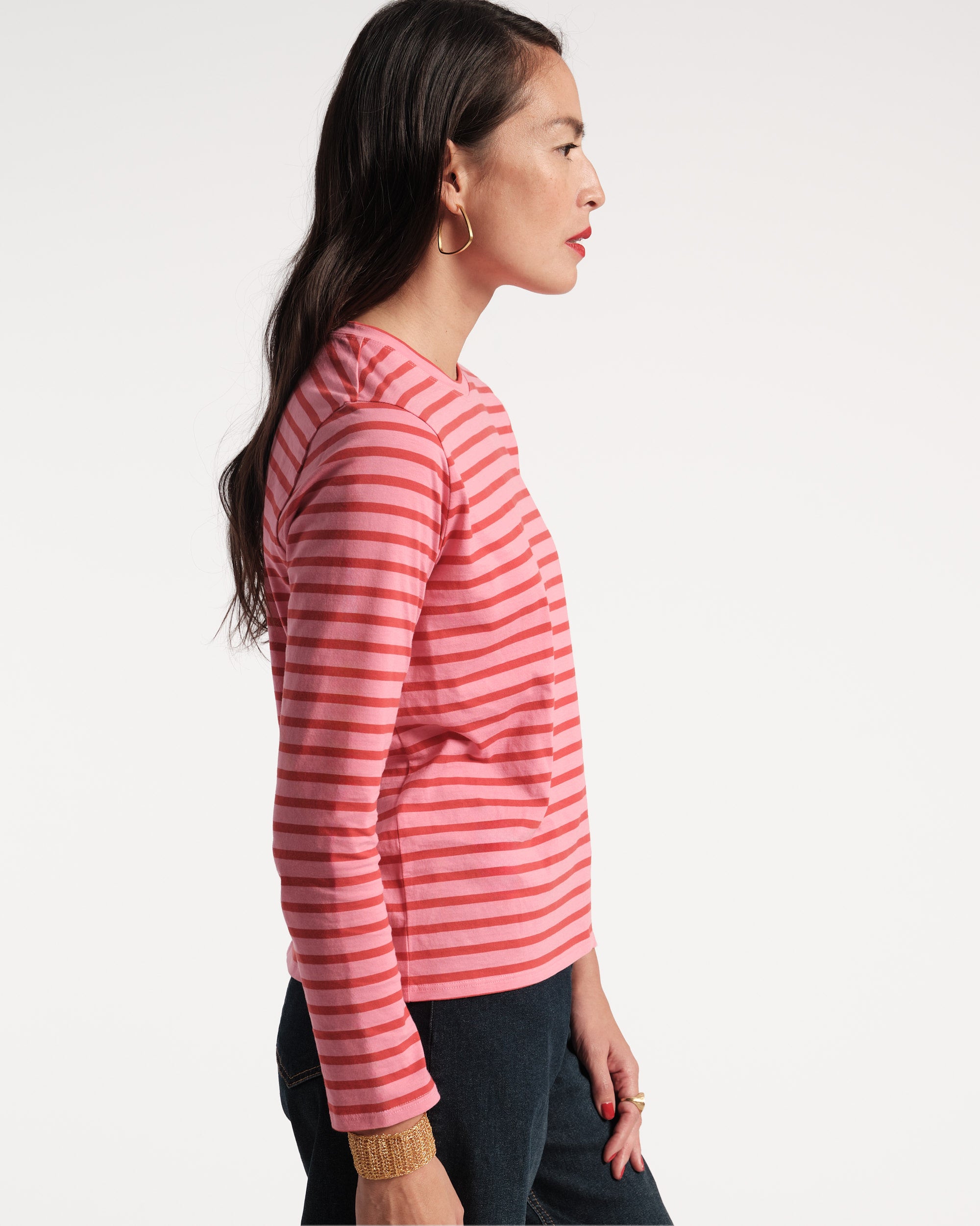 Long Sleeve Striped Tee Shirt Pink Red