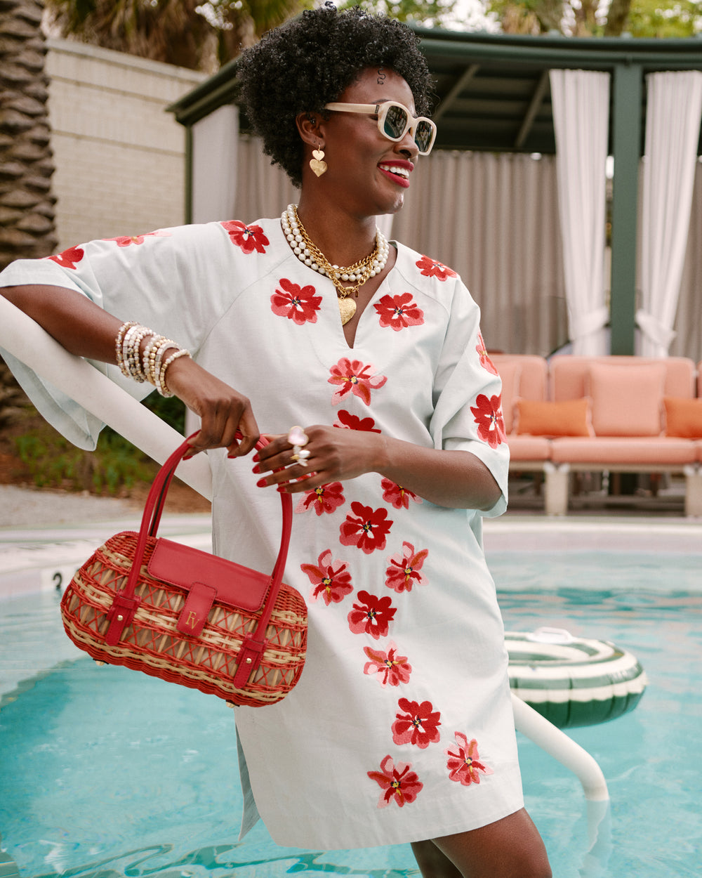 Charming Caftan Mini Georgia Embroidery Cotton Linen Light Blue/Red/Pink Frances Valentine