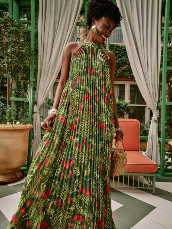 Slim Pleated Maxi Dress Canopy Green/Multi Frances Valentine